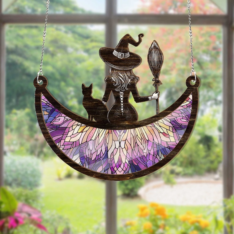 Victorian Witch With Black Cat Mosaic Moon Suncatcher Ornament, Custom