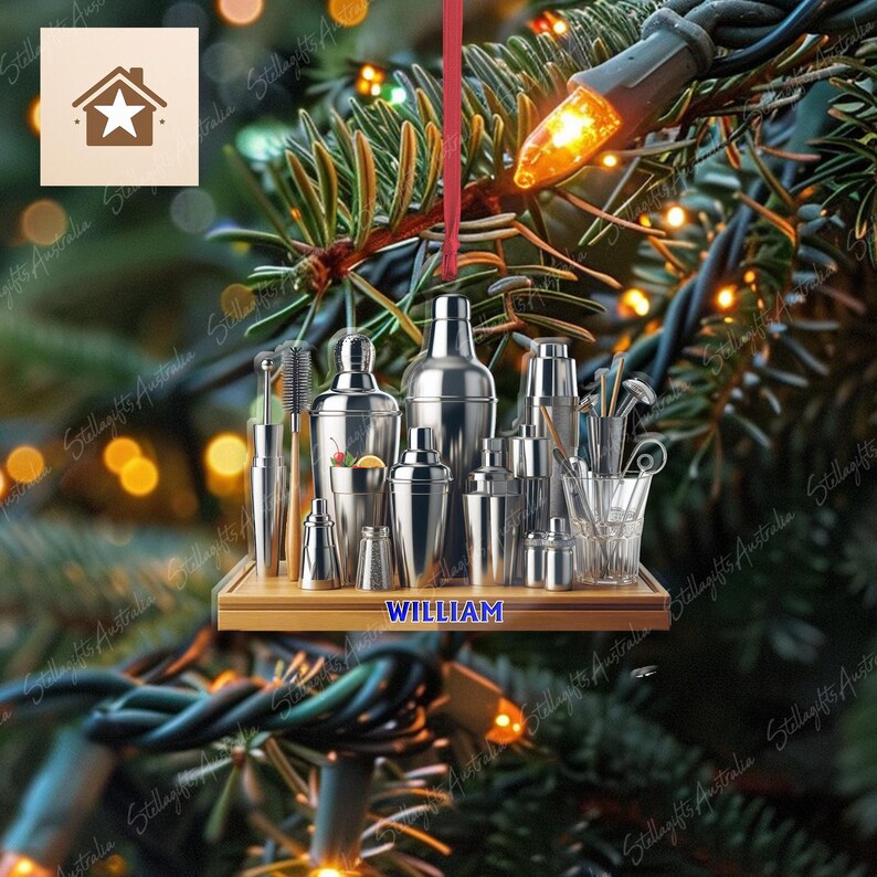 Personalized Cocktail Shaker Set Ornament, Bartender Ornament