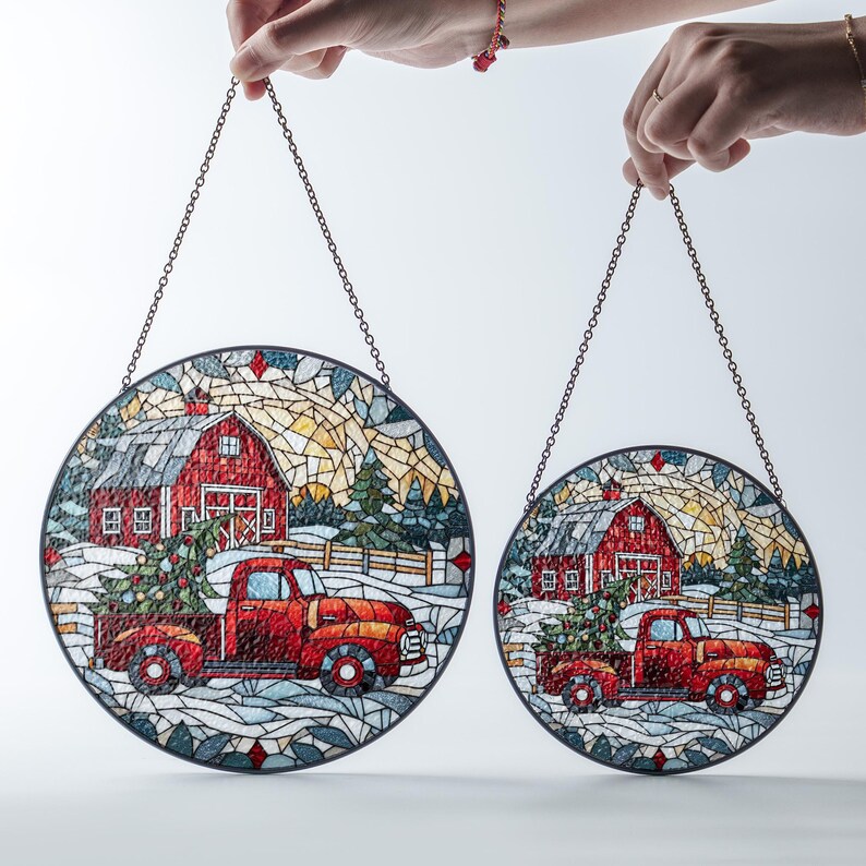 Christmas Farm Truck GLASS Suncatcher, Winter Landscape Suncatcher