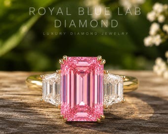 4 Carat Pink Emerald Cut Lab Diamond Ring, Trapezoid Side Diamonds, 18k White Gold