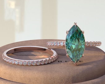 3.5 Carat Green Marquise Moissanite, Hidden Halo Engagement Ring Set, Matching Round Diamonds Wedding Band 14k Yellow Gold