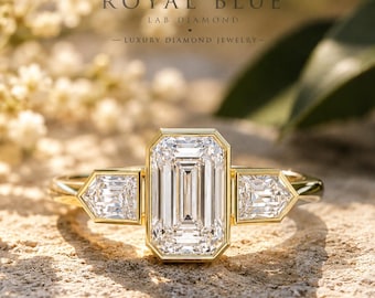 3 CT Emerald Cut Lab Diamond Engagement Ring: Bezel Set Three Stone Bridal Ring