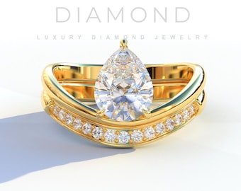 1.5 Carat Pear Cut Lab Grown Diamond Ring with Crossover Bypass Shank and Curved Pave Band, Elegant Modern Engagement Ring