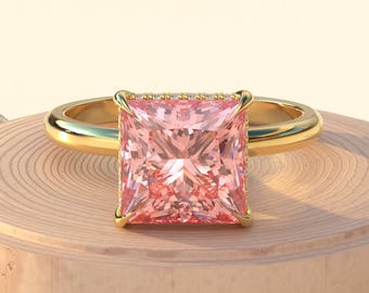 4カラット ピンク ラボ ダイヤモンド リング、プリンセス カット