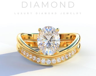 2 Carat Oval Lab Grown Diamond Ring with Crossover Bypass Shank and Curved Pave Band, Elegant Modern Engagement Ring for Women