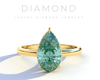 3 Carat Pear Cut Green Moissanite & Lab Diamond Ring: 18K Gold Hidden Halo Engagement Ring