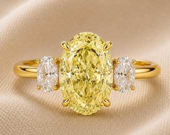 Yellow Oval Lab Grown Diamond Engagement Ring, 1–5 Carat Three Stone Ring, Oval Yellow Lab Diamond, E Color Side Stones, IGI Certified