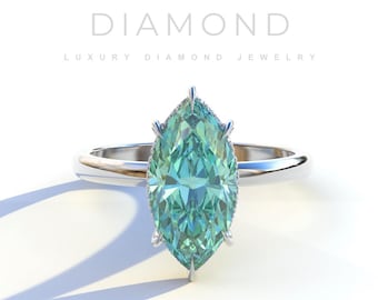 Fancy Green Colored Marquise Cut Moissanite Ring, 4 CT Marquise Engagement Ring, Wedding Ring, Ring Promise Ring