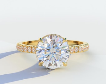2ct Round Lab Grown Diamond Engagement Ring, Hidden Halo Pave Band, 14K Gold Dainty Diamond Ring, IGI Certified Proposal Ring