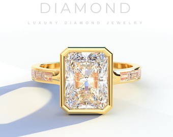 3.5 CT Radiant Cut Moissanite Engagement Ring: Bezel Set, 14K Solid Yellow Gold