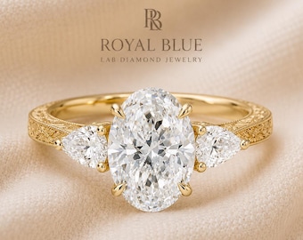 3 Carat Oval Lab Grown Diamond Ring, E VVS2 IGI Certified Three Stone Engagement Ring, Pear Side Stones, Luxury Oval Bridal Ring