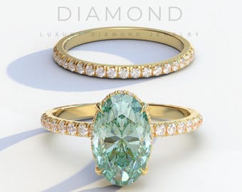 4 Carat Oval Green Moissanite Engagement Ring Set 14K Gold Bridal Engagement Ring, Oval Cut Diamond Wedding Ring set