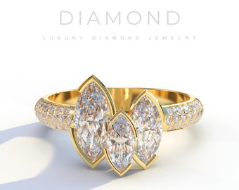Marquise Cut Lab Diamond Ring, 6 TCW Bezel Set, Pave Band, Anniversary Gift for Her, 14k Gold