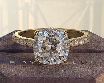 3 Ct Cushion Cut Lab Grown Diamond Engagement Ring – Hidden Halo Pavé Band – IGI Certified Ethical Bridal Ring