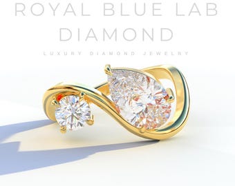 Toi Et Moi Engagement Ring – 2 Ct Pear & 1 Ct Round Lab Grown Diamond Ring – Two Stone Modern Bridal Jewelry | IGI Certified