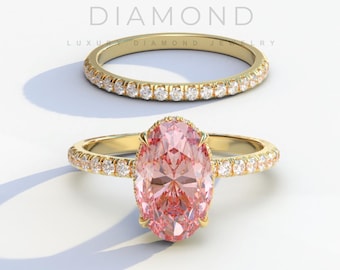 3 CT Intense Pink Oval Lab Diamond Engagement Ring Set, Pink Lab Grown Diamond Engagement Ring Oval Diamond Wedding Ring set - IGI Certified