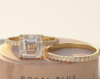 3 Carat Asscher Cut Lab Grown Diamond Ring: 14KT Gold Bridal Set