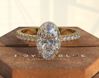 3 Carat Oval Lab Grown Diamond Engagement Ring - 14KT Gold Elongated Oval Wedding Ring, Hidden Halo Pave Band, IGI Certified Proposal Ring