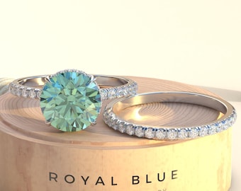 3 Ct Green Round Lab Grown Diamond Wedding Set – Hidden Halo Engagement Ring with Matching Band – IGI Certified Bridal Jewelry