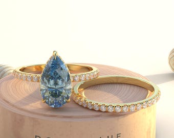 Fancy 3 Carat Blue Lab Diamond Ring Set - 14K Solid Gold Wedding Ring Set - Art Deco Bridal Ring Set - Special Gift Ring For Women