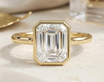 4 Ct Emerald Cut Lab Diamond Engagement Ring Bezel Set Emerald Cut Ring Lab Grown Diamond Ring, Bezel Solitaire Ring Proposal Ring Gold ring