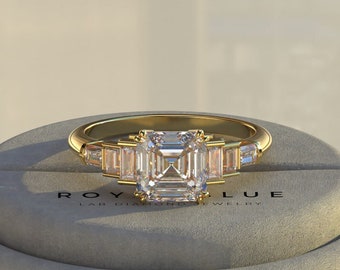 5 Stone Asscher Cut Engagement Ring 14K Solid gold Wedding Ring Unique Lab Diamond Ring With side Baguette Stone Anniversary Gift Ring