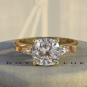 Cushion Cut Lab Grown Diamond Ring, Side Trapped Baguette Accents Three Stone Ring, 14k Yellow Gold Ring, Wedding Anniversary Gift Ring