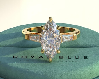 2 Carat Marquise Lab Grown Diamond Three Stone Engagement Ring, Tapered Baguette Side Stone Ring,14k Solid Gold Ethical Trilogy Ring for Her