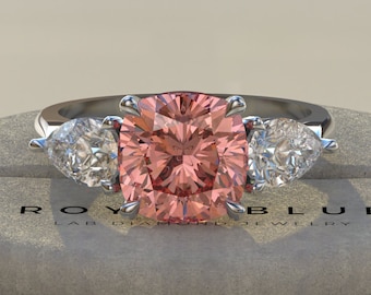 Pink Cushion Cut Lab Grown Diamond Ring: Pear Accent Stones - 14k White Gold, Gift for her, Anniversary gift, wedding ring