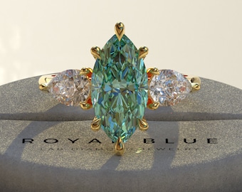 3 CT Marquise Green Lab Grown Diamond Ring: Art Deco Three Stone 14k Gold