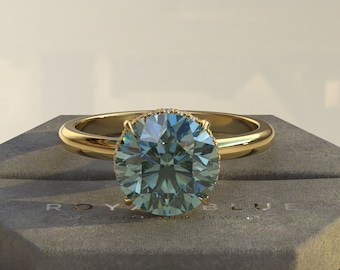 2ct Blue Round Lab Grown Diamond Engagement Ring, Hidden Halo Solitaire, 14K Gold Fancy Blue Diamond Ring, Something Blue Proposal Ring