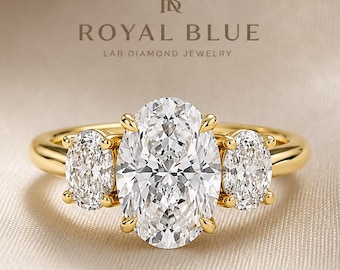 Oval Lab Grown Diamond Engagement Ring, 1–5 Carat Oval Three Stone Ring, E Color VVS2 Lab Diamond, IGI Certified Bridal Ring