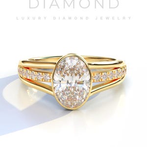 3 Carat Oval Cut Moissanite Engagement Ring - 14K yellow gold Bezel Set Diamond Ring - Wedding Anniversary Gift Ring - Art deco Diamond Ring