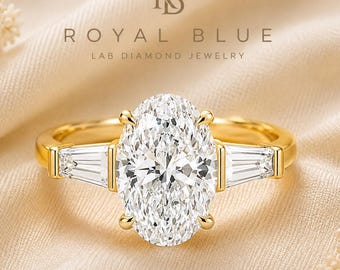 3 Carat Oval Lab-Grown Diamond Three-Stone Ring with Tapered Baguettes