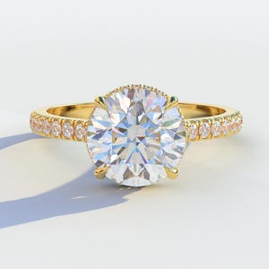 3 Carat Round Lab Diamond Engagement Ring: Hidden Halo, Gold Pave Setting