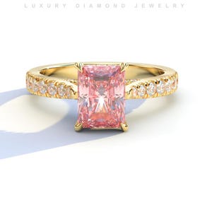3 Carat Radiant Cut Pink Diamond Engagement Ring, Unique Halo Diamond Wedding Ring, Art Deco Pink Diamond Anniversary Gift Ring For Bridal