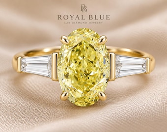 3 Carat Yellow Oval Lab Grown Diamond Ring, Tapered Baguette Three Stone Engagement Ring, Yellow Diamond Ring, IGI Certified