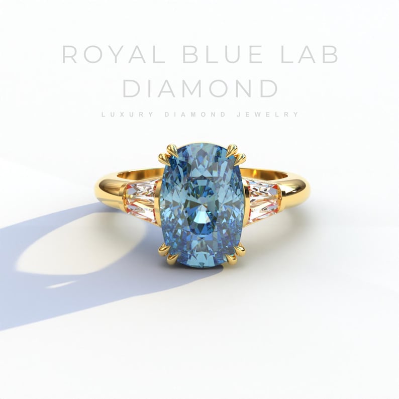 4 Carat Blue Elongated Cushion Lab Grown Diamond Ring With Multi Stone ...