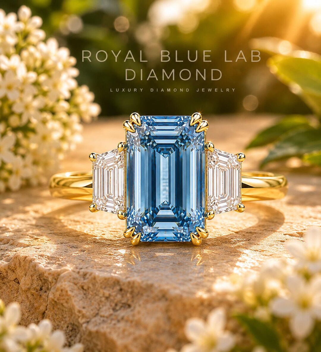 4 CT Emerald Cut Blue Lab Diamond Three Stone Engagement Ring: Art Deco ...