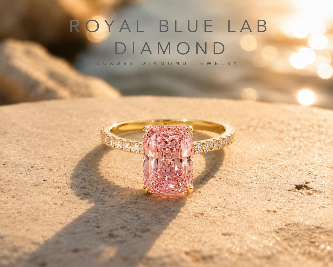 pink diamond dress ring 3 Carat Radiant Cut Pink Lab Grown Diamond Ring Set: 14K Gold Bridal Engagement
