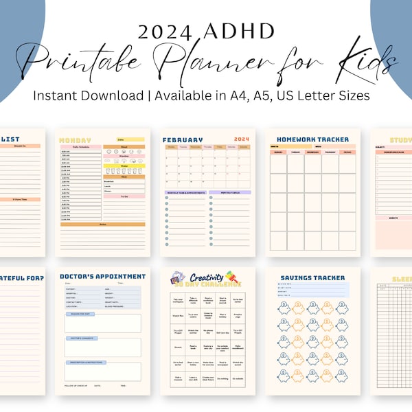 2024 ADHS Planer-Journal für Kinder: Enthält monatliche wöchentliche tägliche Checkliste Aufgaben, Lernplan, Stimmung Habit Tracker, Produktivität, Notizen