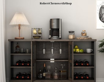 Glasses and Liquor in a Rustic Wood Wine Bar Cabinet.