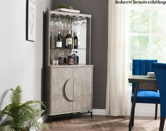 Storage Space For Wine Glasses And More In Your Dining Room: Liquor Cabinet With Half Moon Handles And Metal Base