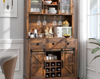 Personalized Wine Bar Cabinet with Three Drawers, a Rustic Farmhouse Pantry Buffet Cabinet with Adjustable Shelves for the Kitchen.