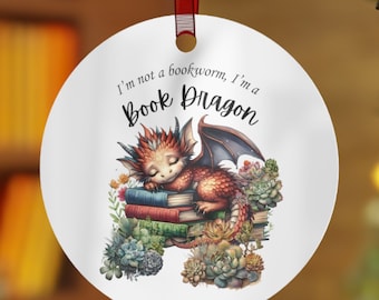 Book Dragon Metal Ornament. Great gift for your favorite  Reading Teacher, Librarian or Bookish friend to decorate the Christmas tree.
