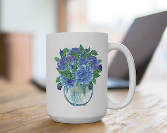 Blue Floral Vase Mug - 15oz Ceramic Coffee Cup, Floral Gift, Home Decor, Mother's Day Present, Coffee Lover's Mug