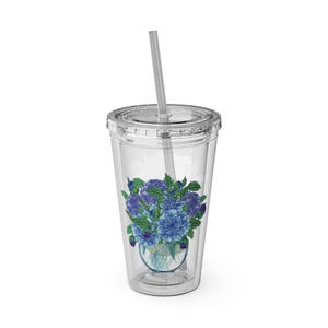 Tumbler, Watercolor Floral Sunsplash Straw Cup 16oz, Blue Hydrangea Drinkware, Gift for Her, Summer Vibes, Birthday Gift