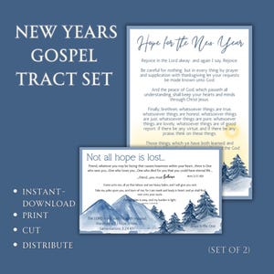 May include: A set of two gospel tracts with inspirational text and winter landscape illustrations. The text includes phrases like "Hope for the New Year" and "Not all hope is lost." The set is designed for instant download, print, cut, and distribution.