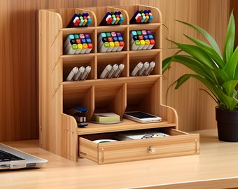 Organisateur de bureau en bois, bricolage multifonctionnel, porte-stylo, boîte de rangement, rangement stationnaire de bureau