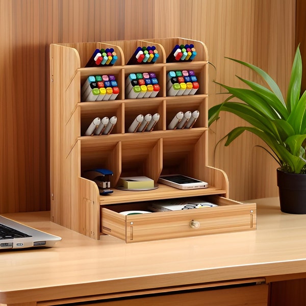 Wooden Desk Organiser Multi-Functional DIY Pen Holder Storage Box Desktop Stationary Storage